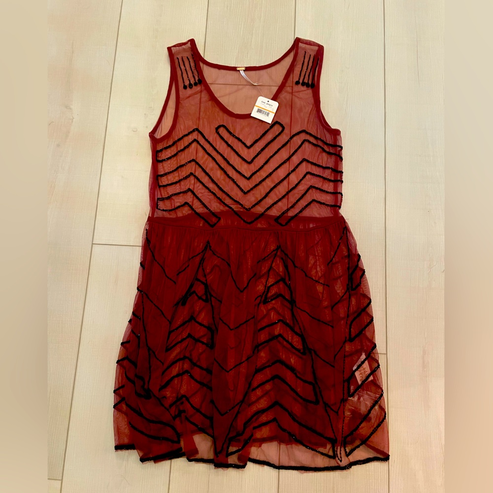 NWT free people FP Intimately plum Smocked sheer Mini Slip Dress beaded small
